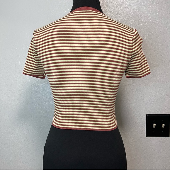 Zara Crewneck Ribbed Short Sleeve Brown Coffee Mint Green Striped CropTop LARGE - Picture 5 of 6